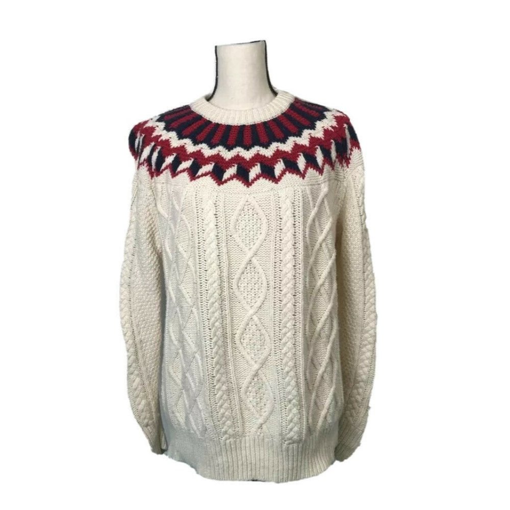 J.Crew Ivory Fair Isle Cable Knit L